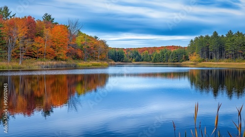 A calm lake in a forest reflects the vibrant fall colors of the trees lining its shore © angel_nt