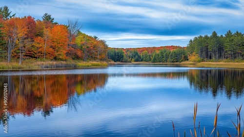 A calm lake in a forest reflects the vibrant fall colors of the trees lining its shore