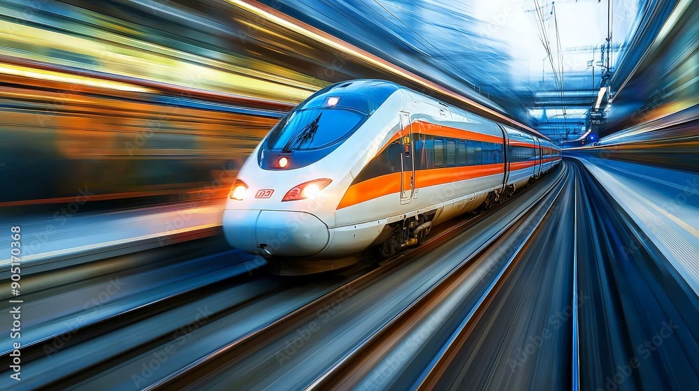 Fototapeta premium Sleek High-Speed Train in Motion with Vivid Lighting and Sharp Focus