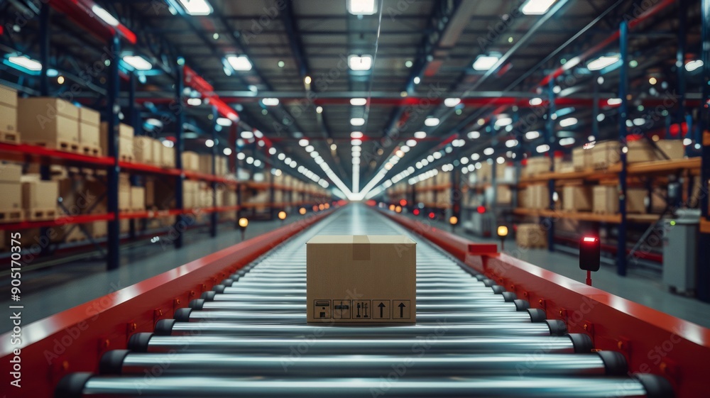 Conveyor Belt in Modern Distribution Warehouse with Rows of Packages for Efficient Logistic Management Conveyor Belt in Modern Distribution Warehouse with Rows of Packages for Efficient Logistic Management