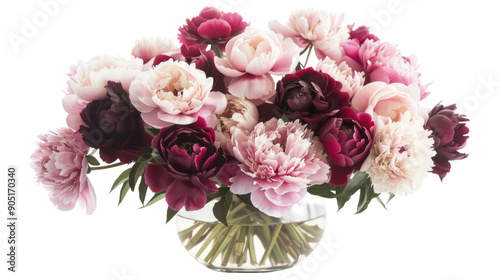 Fototapeta Naklejka Na Ścianę i Meble -  Beautiful pink peony bouquet in a vase on transparent background. Spring mood, romantic present