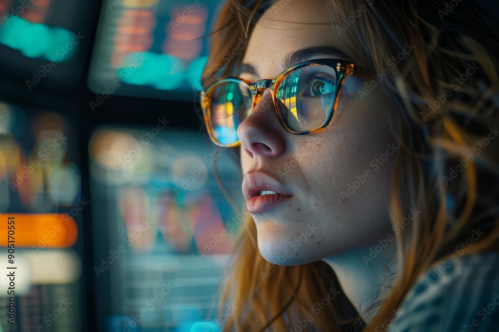 Close-up shot of a young woman in glasses looking intently at a computer screen with financial data displayed Close-up shot of a young woman in glasses looking intently at a computer screen with financial data displayed