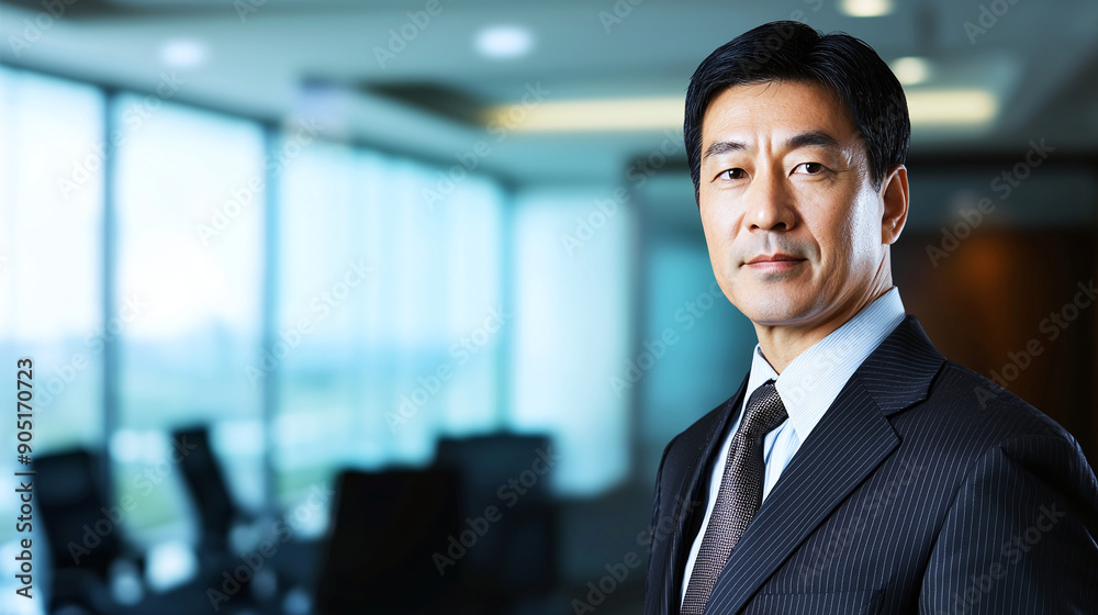 A distinguished East Asian businessman in a sharp suit, captured in front of a high-tech boardroom A distinguished East Asian businessman in a sharp suit, captured in front of a high-tech boardroom