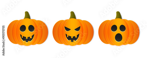 Happy Halloween. Scary pumpkin set. Isolated vector illustration in cut paper style