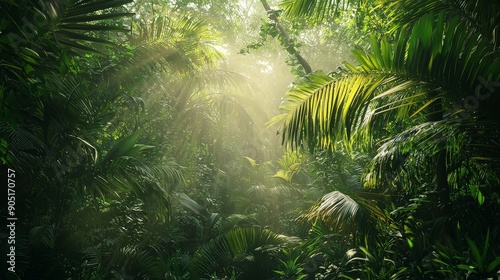 Serene Tropical Rainforest Canopy with Lush Greenery in Natural Lighting