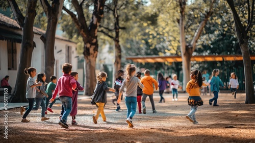 Schoolyard filled with children playing and laughing, highlighting the social aspect of returning to school and the joy of reuniting with friends