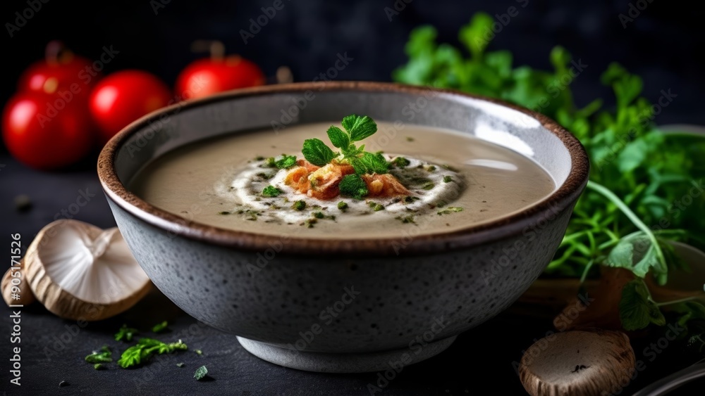 Deliciously creamy soup garnished with fresh herbs and nuts Deliciously creamy soup garnished with fresh herbs and nuts