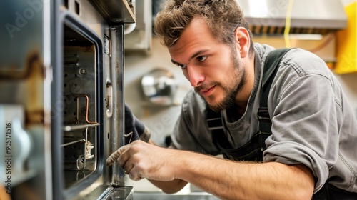 Engineer dismantling a microwave oven, inspecting the magnetron and other components. Intricate nature of appliance repair and the need for specialized knowledge
