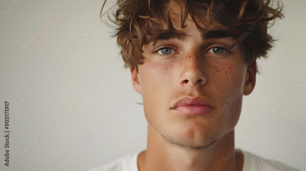 Portrait of a young man with freckles and green eyes Portrait of a young man with freckles and green eyes