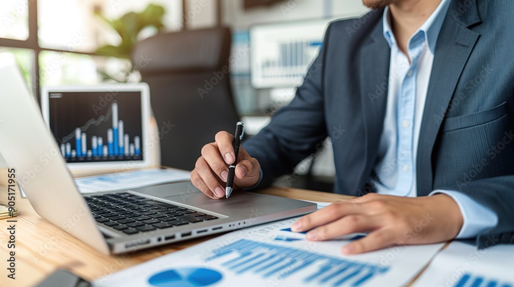 A business professional in a suit analyzes financial data on a laptop and paper reports in a bright, modern office filled with greenery and charts A business professional in a suit analyzes financial data on a laptop and paper reports in a bright, modern office filled with greenery and charts