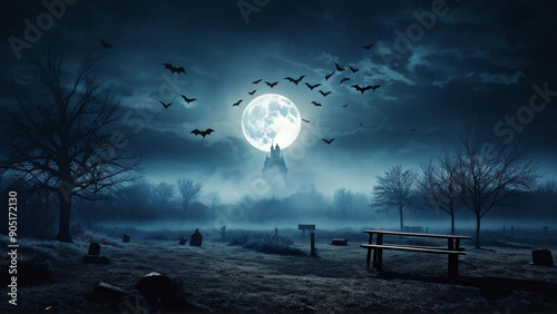 Mystical Forest Scene with Full Moon and Fog