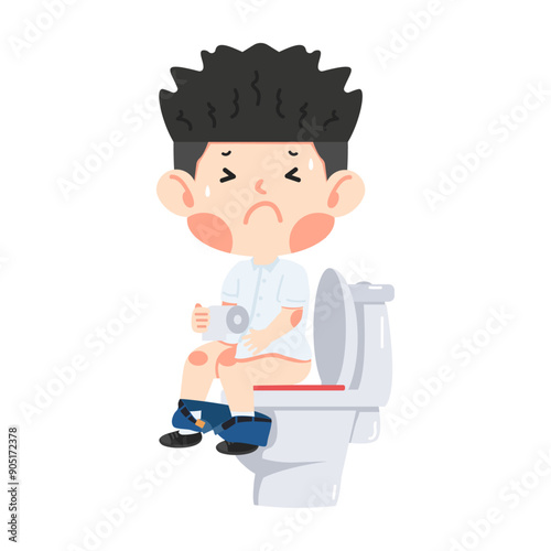 Kid sits on the toilet holding a roll of paper