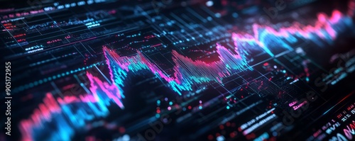 Abstract digital landscape showing vibrant stock market data trends and fluctuations with blue and pink lines on a dark background.