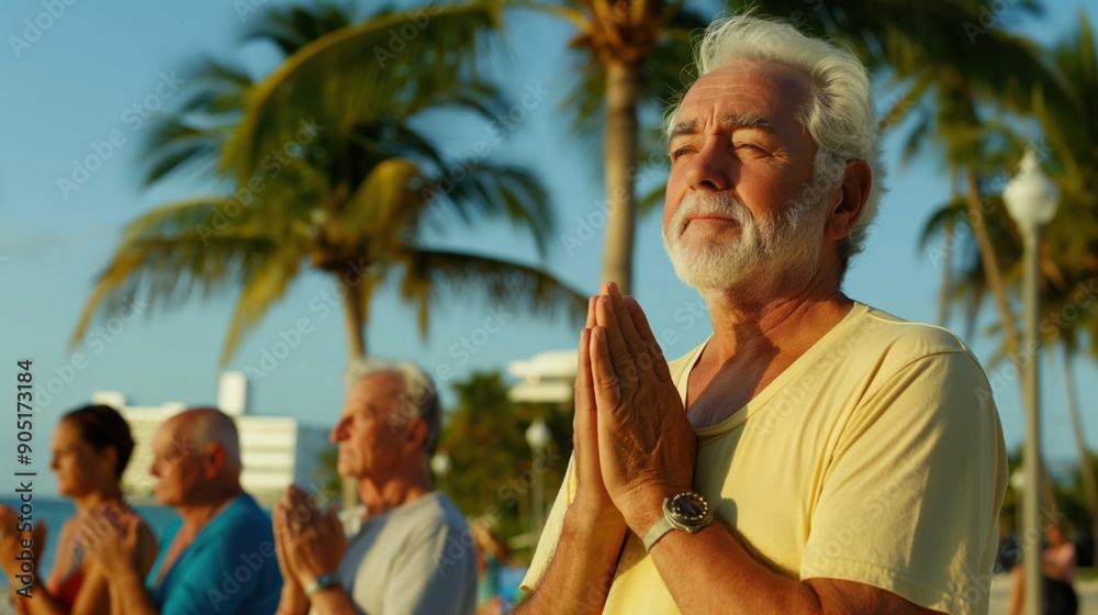Older men and women doing yoga on the beach among palm trees Older men and women doing yoga on the beach among palm trees
