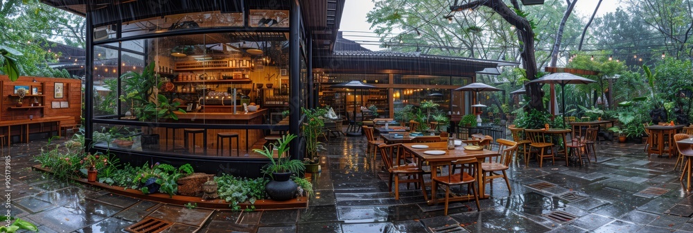 Fototapeta premium A beautifully designed modern outdoor cafe with a glass-walled indoor seating area surrounded by lush greenery and rainy weather setting a cozy ambiance