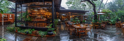 A beautifully designed modern outdoor cafe with a glass-walled indoor seating area surrounded by lush greenery and rainy weather setting a cozy ambiance