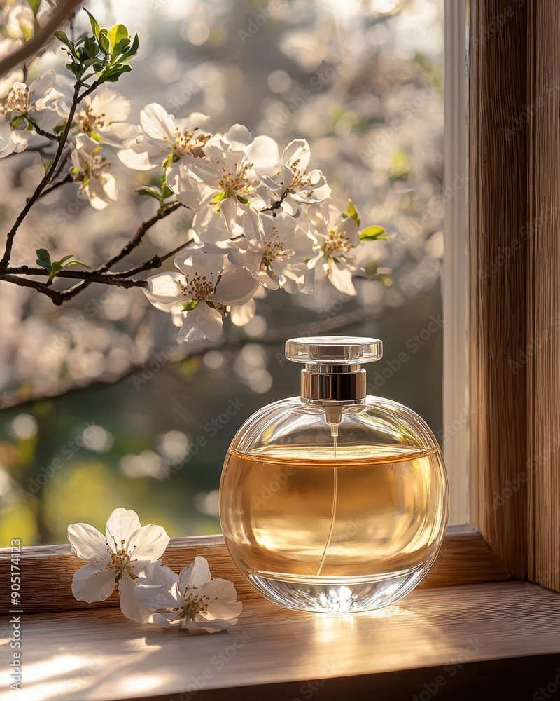 Elegant Perfume Bottle with White Blossoms and Soft Natural Light Elegant Perfume Bottle with White Blossoms and Soft Natural Light