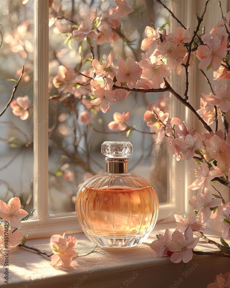 Elegant Glass Perfume Bottle with Pink Blossoms by Sunlit Window Elegant Glass Perfume Bottle with Pink Blossoms by Sunlit Window