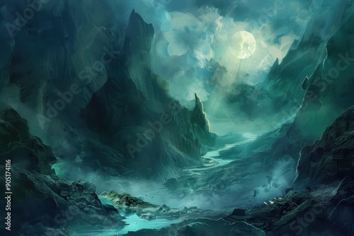 Mystical moonlit mountain landscape with river photo