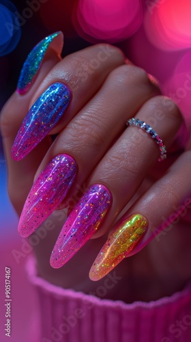 Close-up of hand with colorful glittering nails and ring. Manicure and nail art