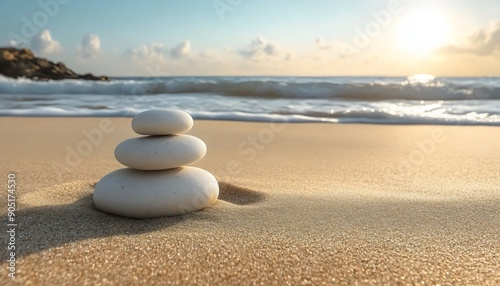Minimalist calm nature background: Balanced stones symbolize peace on a quiet beach at sunrise