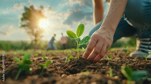 Hand Planting Seedling in Field