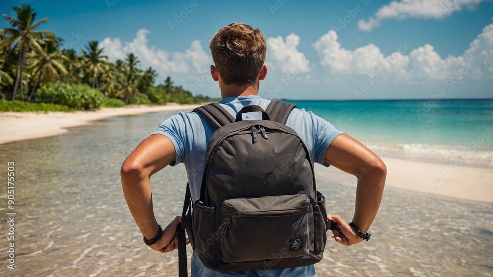 Fototapeta premium A guy with a backpack on the beach, independent vacation at sea