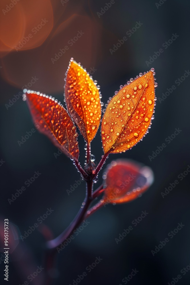 Close-up of vibrant red-orange leaves covered in dewdrops against a dark blurred background. Close-up of vibrant red-orange leaves covered in dewdrops against a dark blurred background.