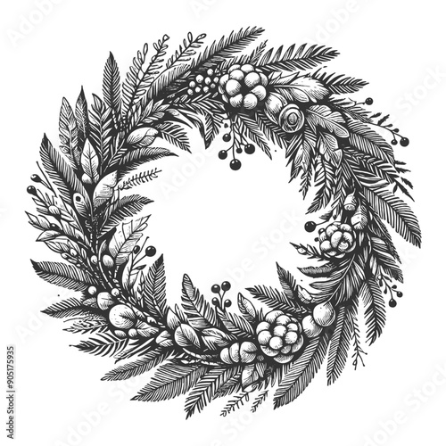 festive Christmas wreath adorned with ornaments, holly, and pinecones, perfect for holiday decor sketch engraving generative ai vector illustration. Scratch board imitation. Black and white image.