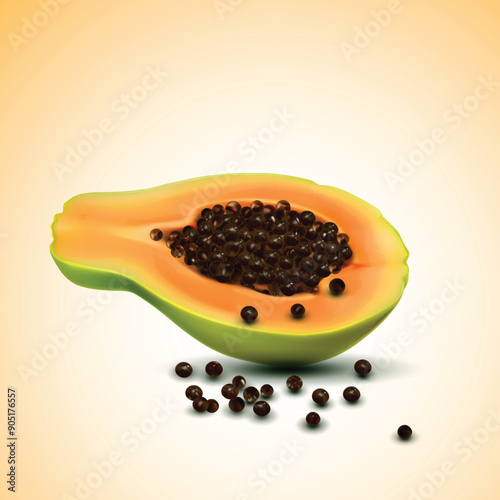 Half of fresh papaya isolated on yellow background Vectort