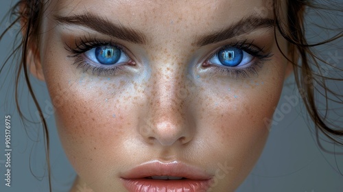 A close-up image featuring a young woman with striking blue eyes and a natural makeup look, including delicate freckles and a soft lip color, creating a captivating and ethereal appearance