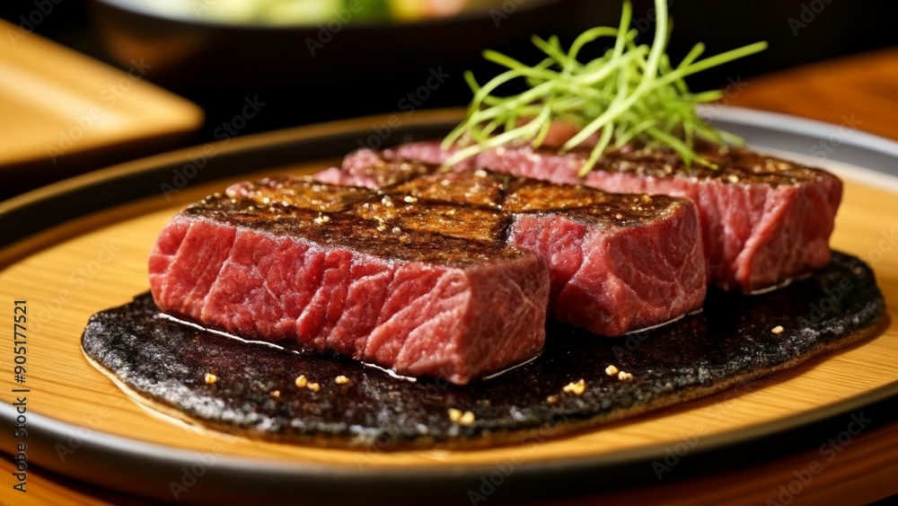 Deliciously prepared steak with a garnish ready to be savored Deliciously prepared steak with a garnish ready to be savored