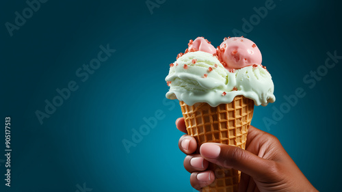 A hand holding ice cream cone on dark blue textured background with copy space.