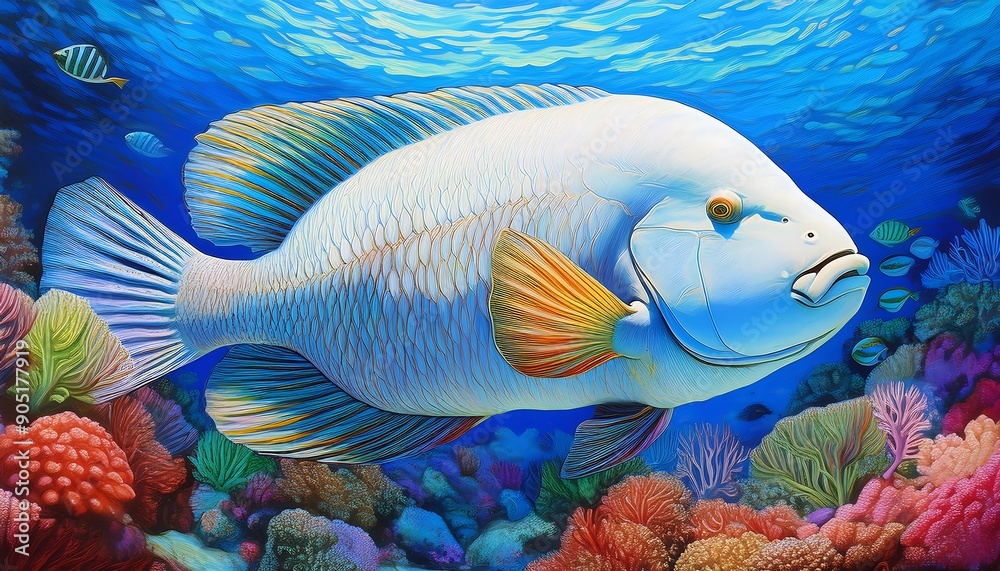 illustration of Napoleon Wrasse in a coral reefs illustration of Napoleon Wrasse in a coral reefs