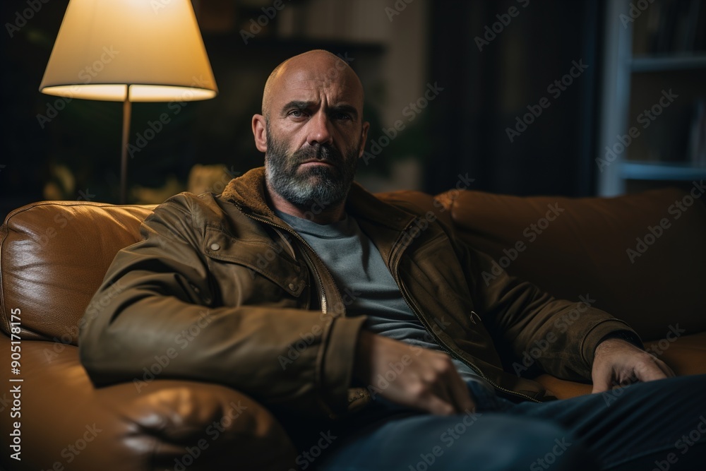 A man is sitting on a couch with a lamp behind him A man is sitting on a couch with a lamp behind him