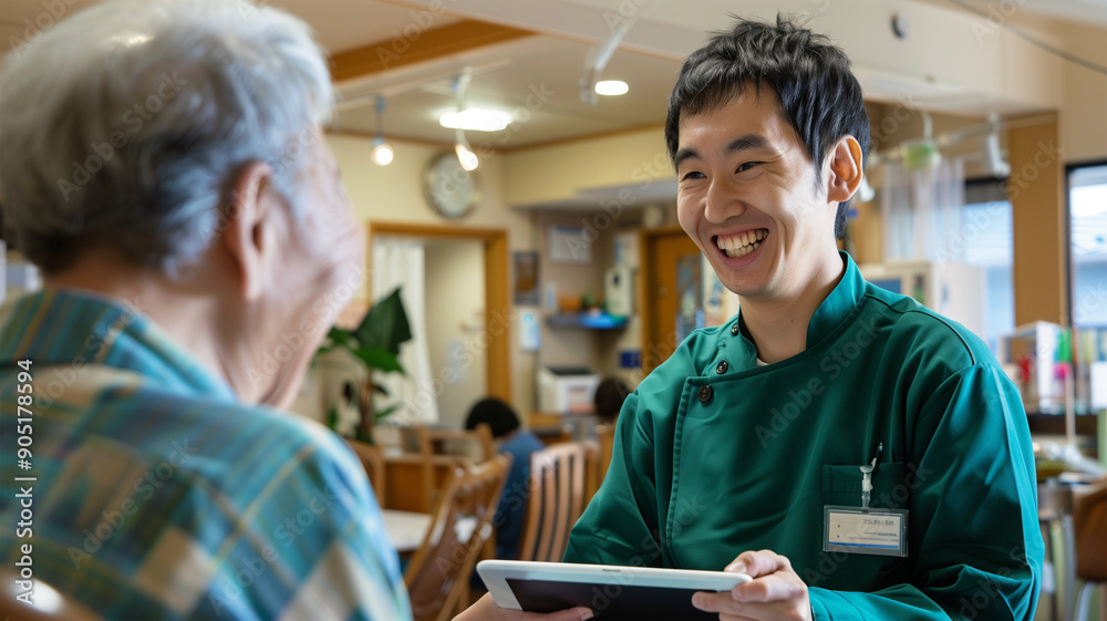 Obraz premium 食堂でケアプランを見直す介護士