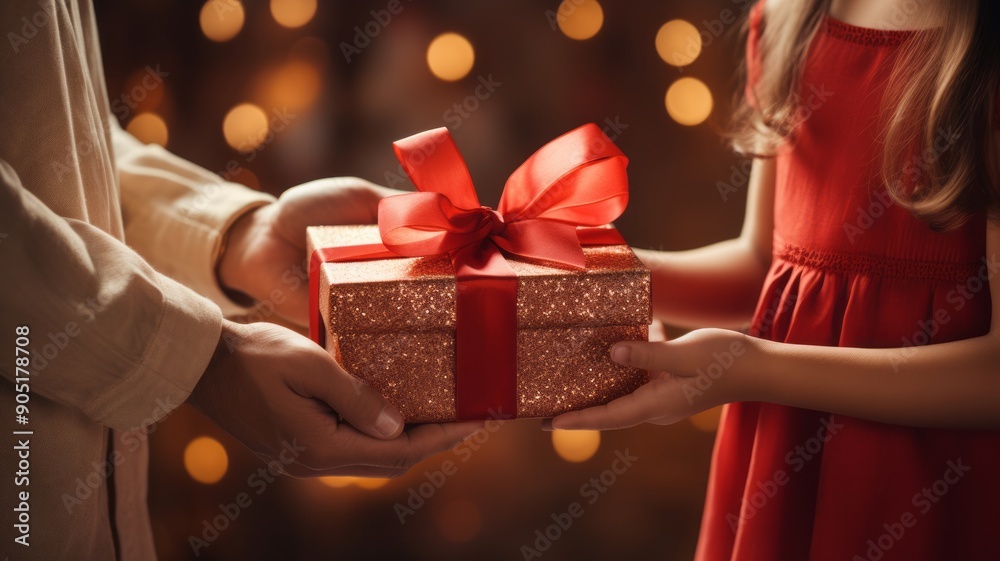 Hands Girl's and Men Holding Sparkling Gift Box with Red Bow.. Christmas Holiday Gift Exchange Concept Hands Girl's and Men Holding Sparkling Gift Box with Red Bow.. Christmas Holiday Gift Exchange Concept