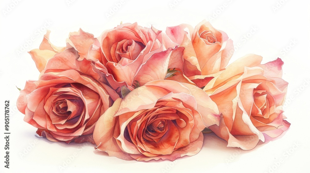 Watercolor bouquet of roses isolated on a white background, showcasing delicate petals. Watercolor bouquet of roses isolated on a white background, showcasing delicate petals.