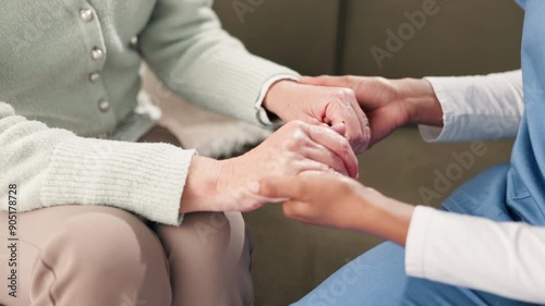 Wallpaper Mural Woman, holding hands and compassion for senior care with nurse, consultation and support in nursing home lounge. Healthcare, trust and professional in retirement house, caregiver and comfort gesture Torontodigital.ca