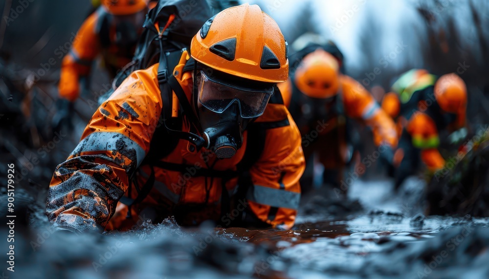 Natural disaster aftermath with rescue workers in action, Historical, Earthy tones, Photography Natural disaster aftermath with rescue workers in action, Historical, Earthy tones, Photography