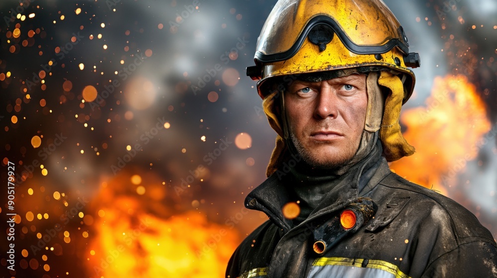 A confident firefighter in gear faces a blaze, showcasing determination amidst dramatic flames and smoke in the background A confident firefighter in gear faces a blaze, showcasing determination amidst dramatic flames and smoke in the background