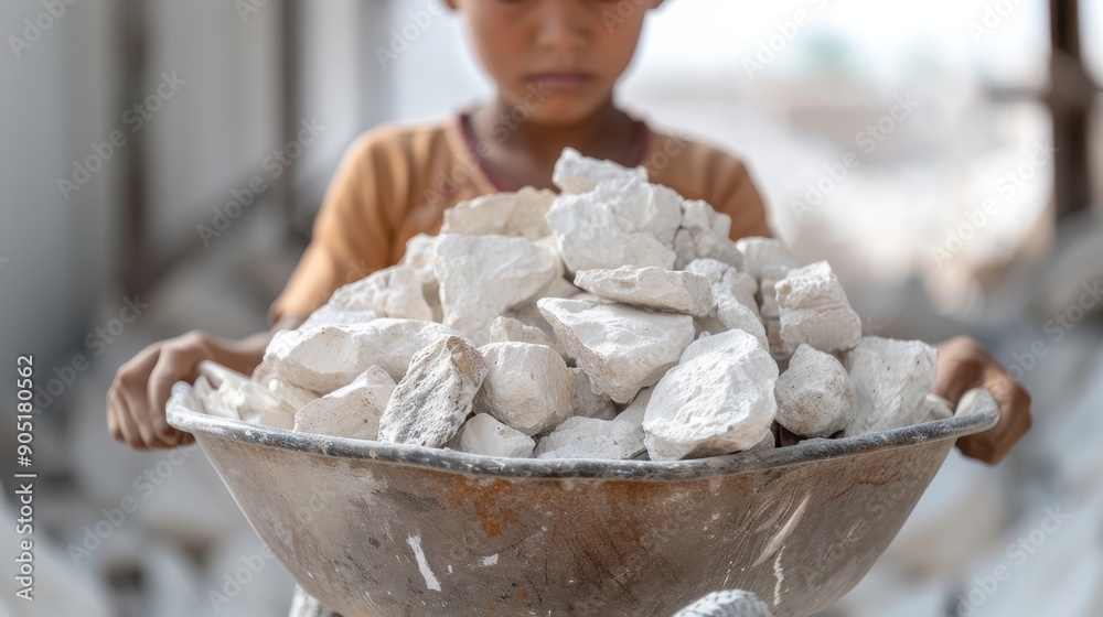 Front view of a boy pushing a wheelbarrow filled with rocks, focus on ...