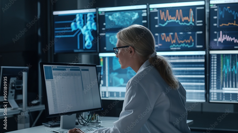 Fototapeta premium A scientist in a lab coat examines complex data displayed on several high-resolution monitors during nighttime, highlighting advanced research techniques in a modern laboratory