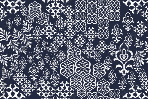 patchwork Ikat paisley embroidery on the fabric in Indonesia, India, and Asian countries. geometric ethnic oriental seamless pattern.Aztec style. illustration. design for texture, fabric, clothing