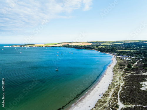 Studland Naturist Beach and Knoll Beach Studland over Studland and Godlingston Heath National Nature Reserve from a drone, Studland, Poole, Dorset, England photo