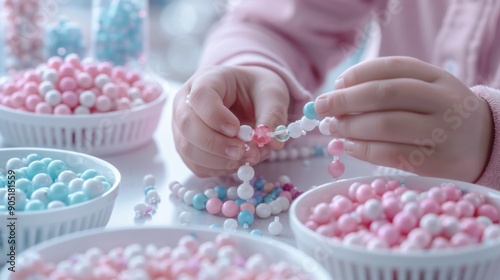 Wallpaper Mural Girl threading beads into jewelry, colorful beads, focused task, soft-focus background showing trays of beads and jewelry-making tools, child labor. Torontodigital.ca