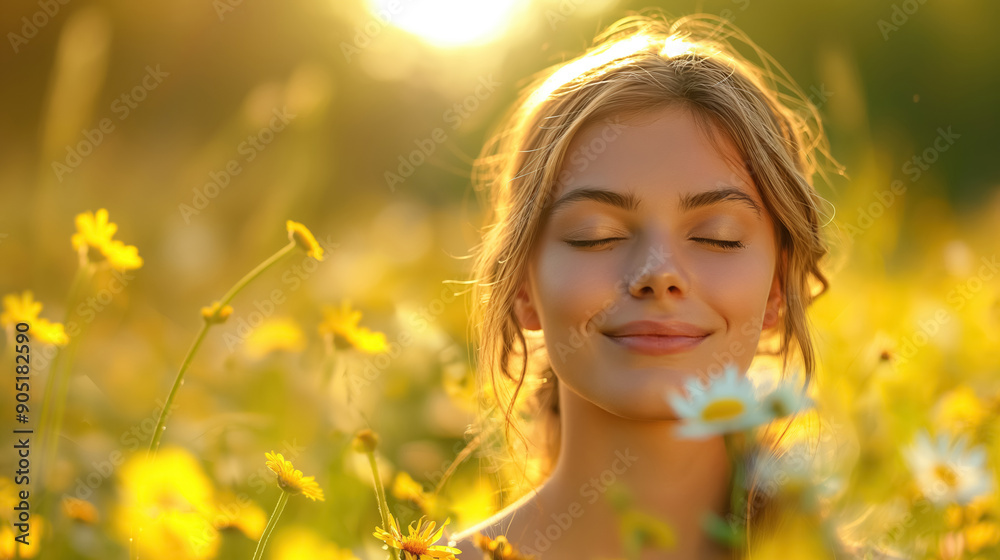 Young woman with closed eyes enjoying sunlight in a field of blooming yellow flowers, radiating peace and happiness amidst nature's beauty.