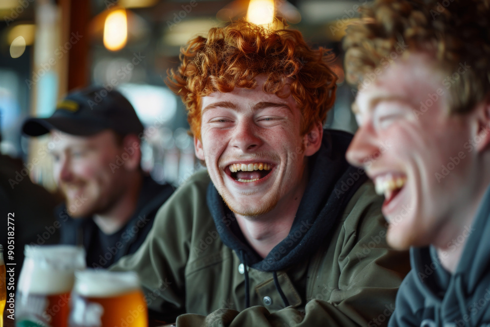 Fototapeta premium Young friends laughing together while drinking beer in a modern pub
