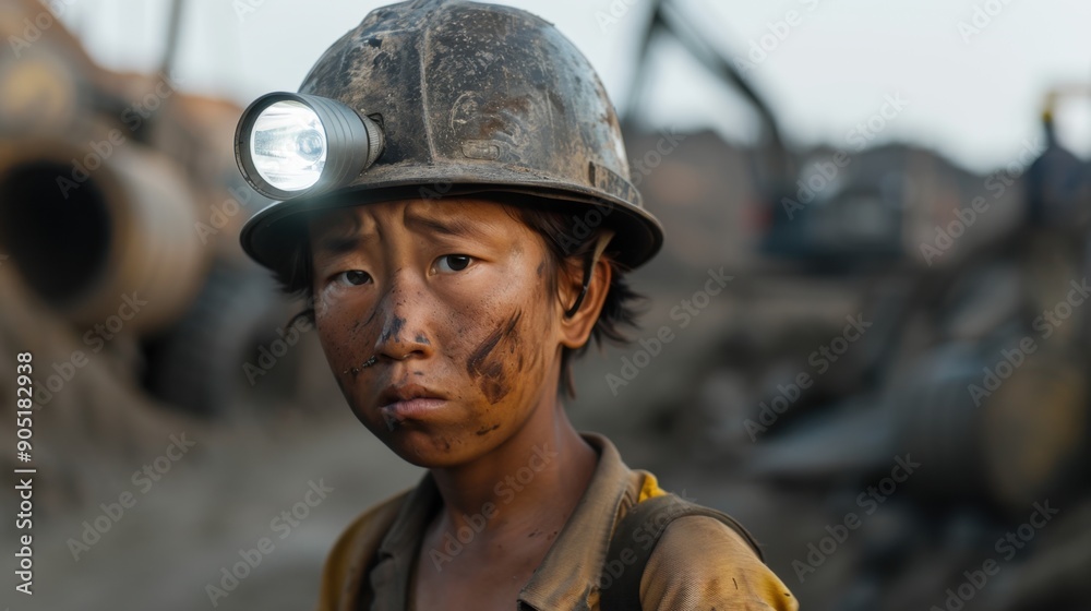 Fototapeta premium Portrait of a boy with a flashlight on his helmet, dirty face, soft-focus background emphasizing the dark mine shaft, child labor.