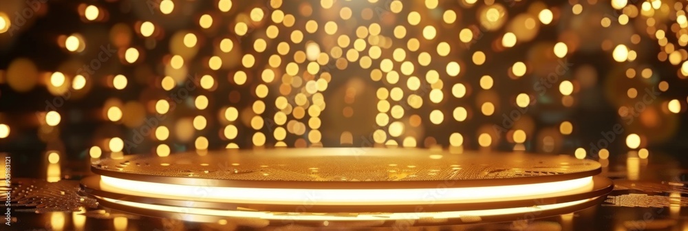 Obraz premium Golden Podium Elegance: The Perfect Award Ceremony or Speech Design with Lighting Effects and Circular Backdrop Dots